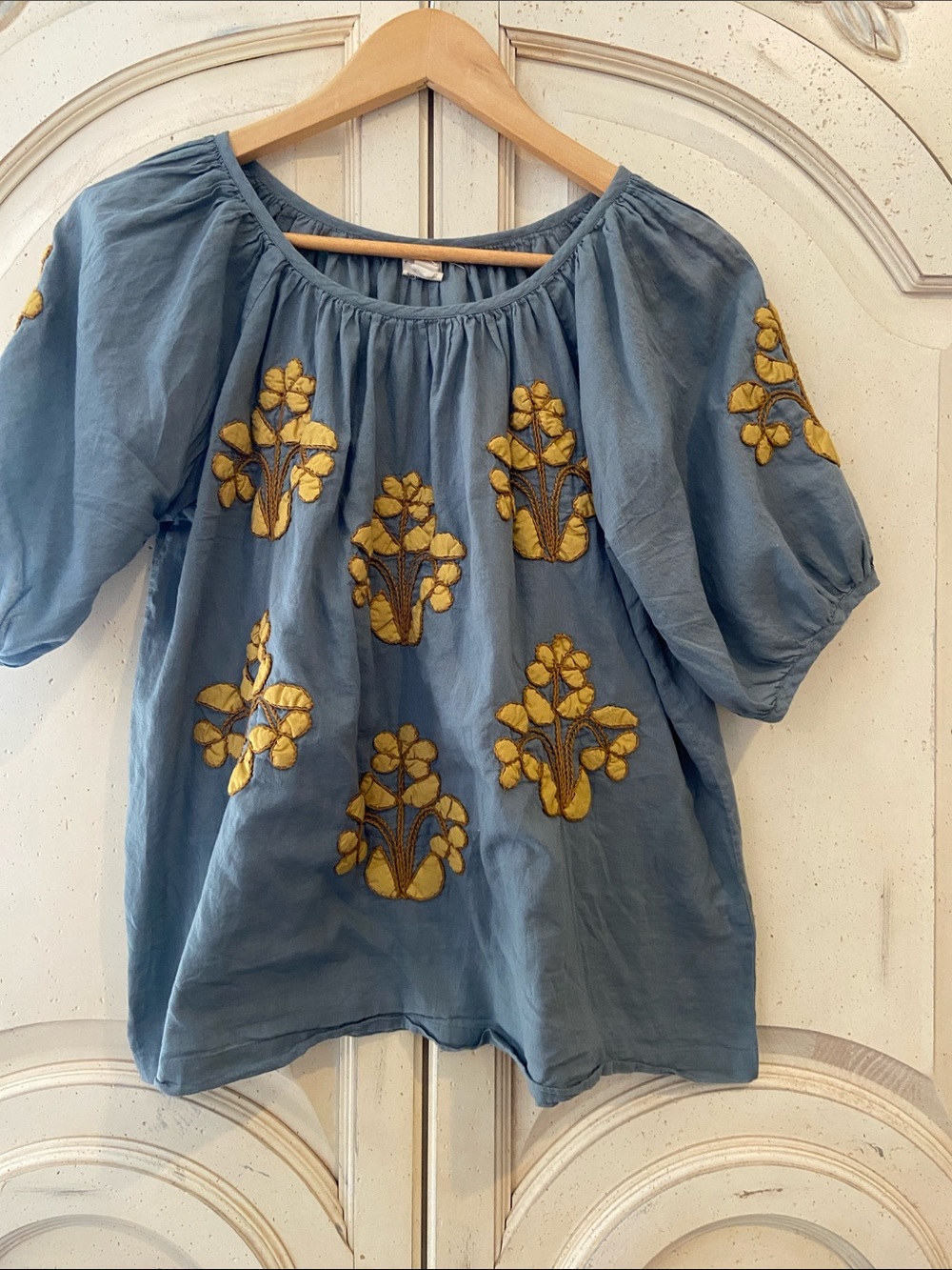 Embroidered Blue Puff-Sleeve Floral Tunic